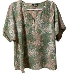 J. Crew Factory Women's Blouse Top Medium M Green Floral Watercolor Short Sleeve